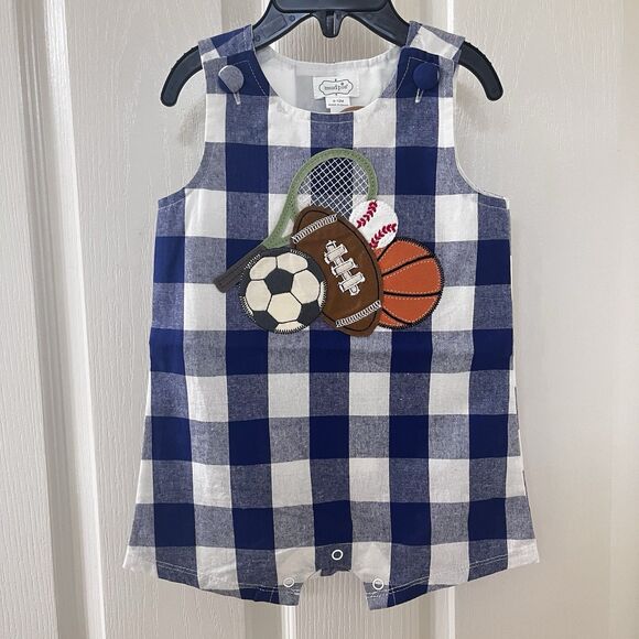 Mud Pie Sports Applique Jon Jon Romper Blue Gingham Boys Size 9-12 Months NWT - Picture 1 of 8